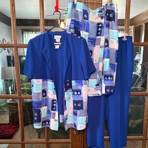 Blue Patchwork 4 Piece Skirt Set Jacket sz 14 cami sz 16 skirt sz 16 pants sz 14